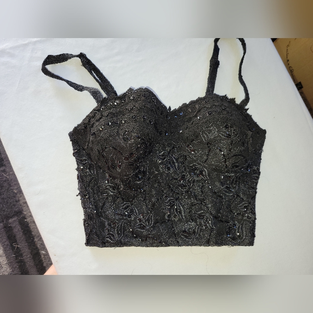 Cache Black Sparkle & Bling with  Textured Bra Top  Size Small